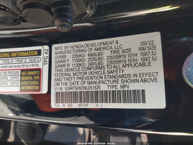 5J6RT6H93NL051626 Honda Cr-v Hybrid Touring