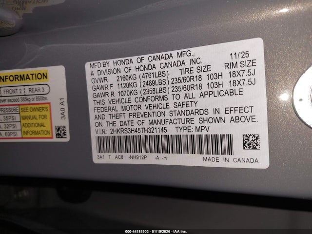 Продажа на аукционе авто 2026 Honda Cr-v Ex 2wd, vin: 2HKRS3H45TH321145, номер лота: 44181903