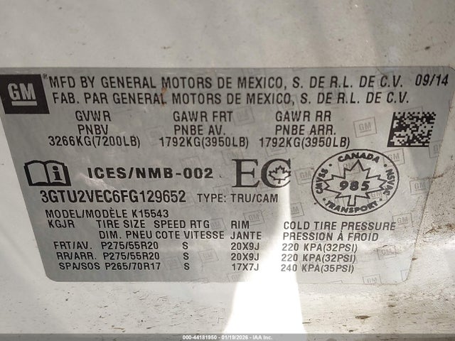44181950 :رقم المزاد ، 3GTU2VEC6FG129652 vin ، 2015 Gmc Sierra 1500 Slt مزاد بيع