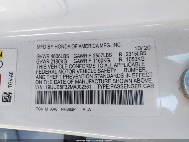2021 Acura Tlx Standard მანქანა იყიდება აუქციონზე, vin: 19UUB5F32MA002361, აუქციონის ნომერი: 44182015