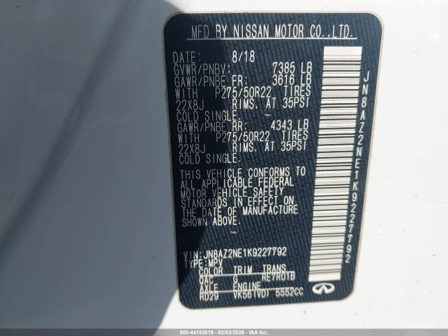Aukcja sprzedaży 2019 Infiniti Qx80 Limited, vin: JN8AZ2NE1K9227792, numer aukcji: 44182019