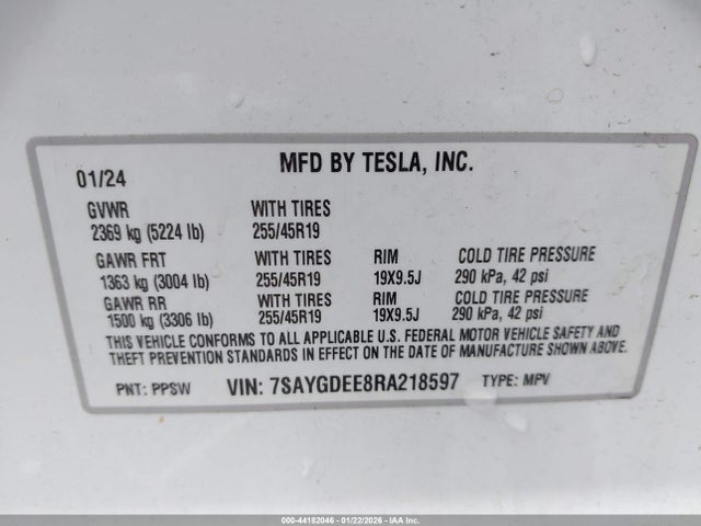 Aukcja sprzedaży 2024 Tesla Model Y Long Range Dual Motor All-wheel Drive, vin: 7SAYGDEE8RA218597, numer aukcji: 44182046