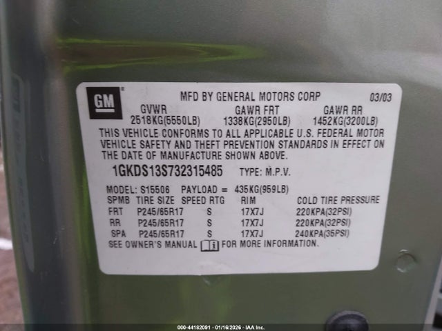 44182091 :رقم المزاد ، 1GKDS13S732315485 vin ، 2003 Gmc Envoy Slt مزاد بيع