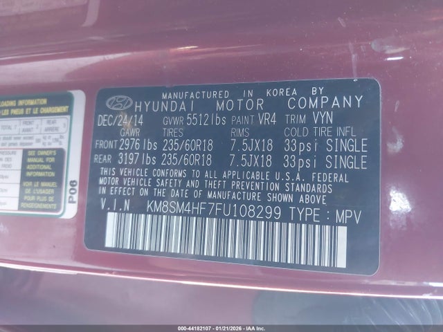 KM8SM4HF7FU108299 Hyundai Santa Fe Gls
