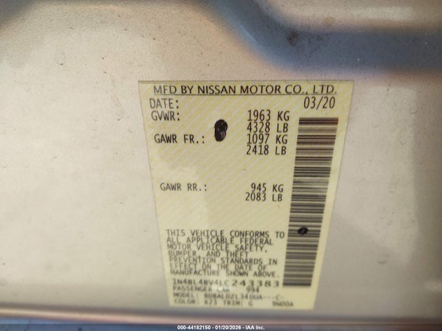 Продаж на аукціоні авто 2020 Nissan Altima S Fwd, vin: 1N4BL4BV4LC243383, номер лоту: 44182150