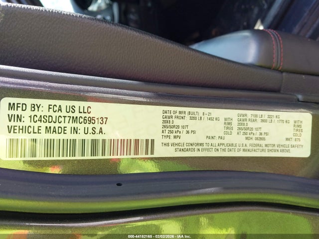 44182165 :رقم المزاد ، 1C4SDJCT7MC695137 vin ، 2021 Dodge Durango R/t Awd مزاد بيع