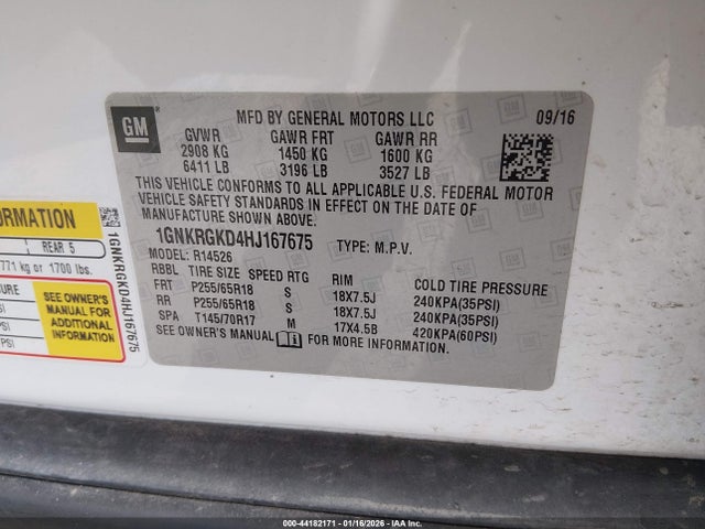 Aukcja sprzedaży 2017 Chevrolet Traverse 1lt, vin: 1GNKRGKD4HJ167675, numer aukcji: 44182171
