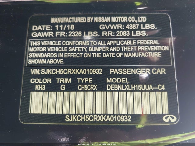 Aukcja sprzedaży 2019 Infiniti Qx30 Luxe, vin: SJKCH5CRXKA010932, numer aukcji: 44182173