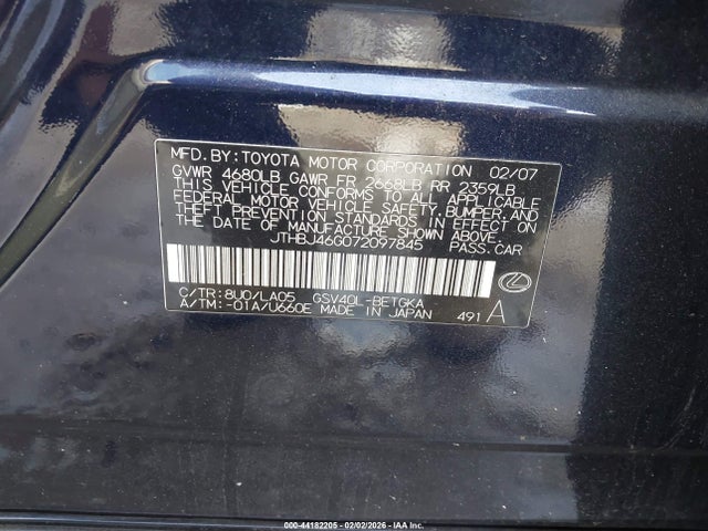 Aukcja sprzedaży 2007 Lexus Es 350, vin: JTHBJ46G072097845, numer aukcji: 44182205