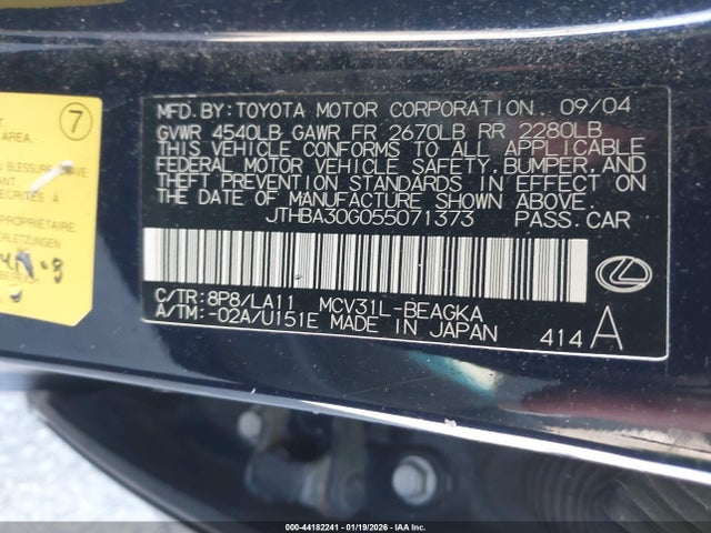 2005 Lexus Es 330 მანქანა იყიდება აუქციონზე, vin: JTHBA30G055071373, აუქციონის ნომერი: 44182241