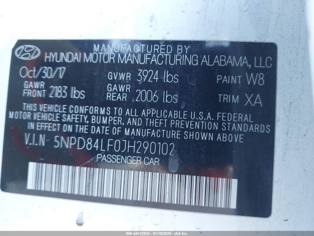 5NPD84LF0JH290102 Hyundai ELANTRA SEL
