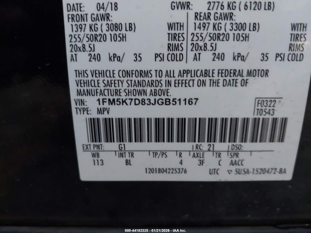 1FM5K7D83JGB51167 Ford EXPLORER XLT