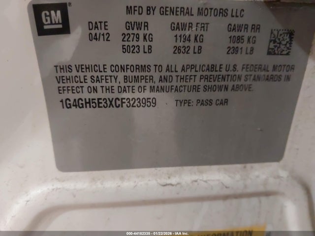 Aukcja sprzedaży 2012 Buick Lacrosse Premium 3 Group, vin: 1G4GH5E3XCF323959, numer aukcji: 44182335