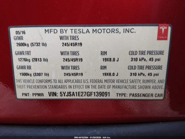 2016 TESLA MODEL S 5YJSA1E27GF139091 Photo 8