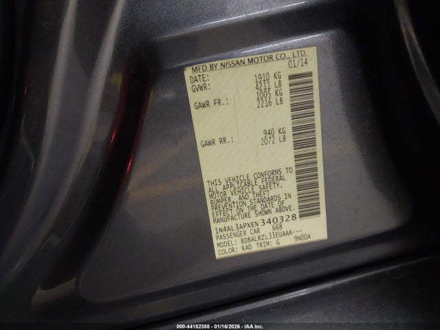 1N4AL3APXEN340328 Nissan Altima 2.5/2.5 S/2.5 Sl/2.5 Sv