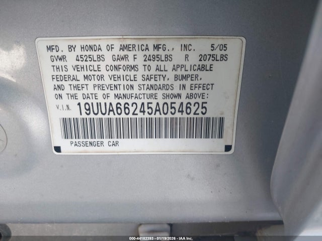 2005 Acura Tl მანქანა იყიდება აუქციონზე, vin: 19UUA66245A054625, აუქციონის ნომერი: 44182393