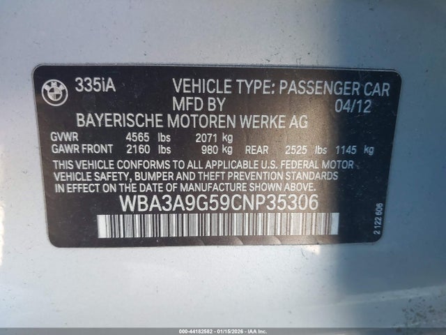 2012 Bmw 335i მანქანა იყიდება აუქციონზე, vin: WBA3A9G59CNP35306, აუქციონის ნომერი: 44182582
