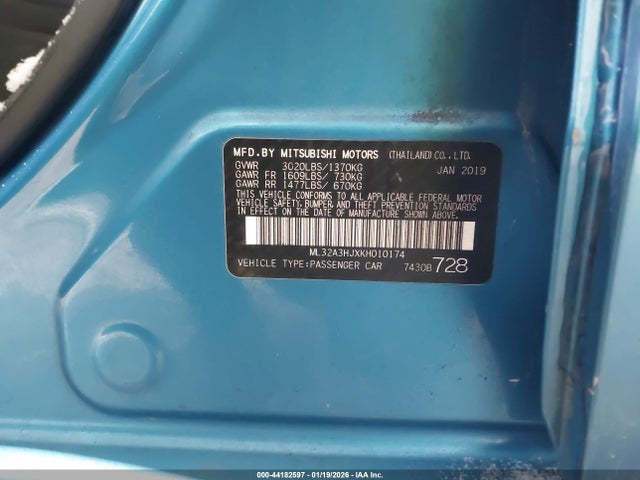 Aukcja sprzedaży 2019 Mitsubishi Mirage Es, vin: ML32A3HJXKH010174, numer aukcji: 44182597