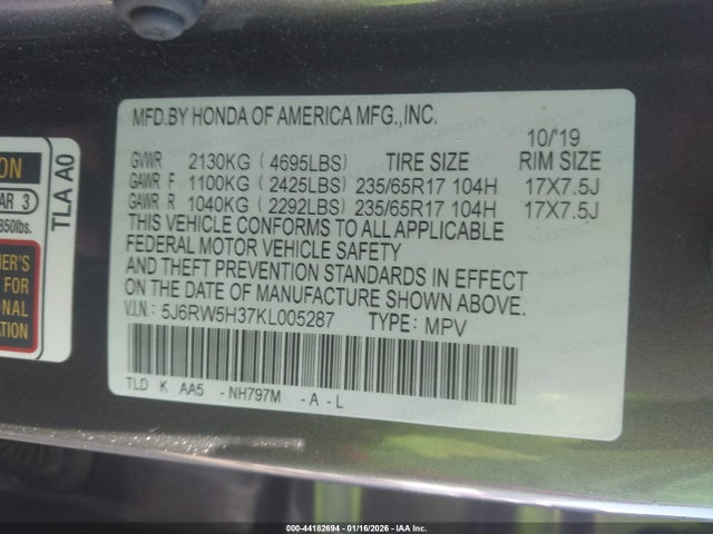 Aukcja sprzedaży 2019 Honda Cr-v Lx, vin: 5J6RW5H37KL005287, numer aukcji: 44182694