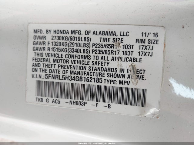 Aukcja sprzedaży 2016 Honda Odyssey Se, vin: 5FNRL5H34GB162185, numer aukcji: 44182722