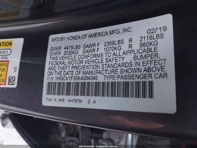 44182829 :رقم المزاد ، 1HGCV1F30KA054340 vin ، 2019 Honda Accord Sport مزاد بيع