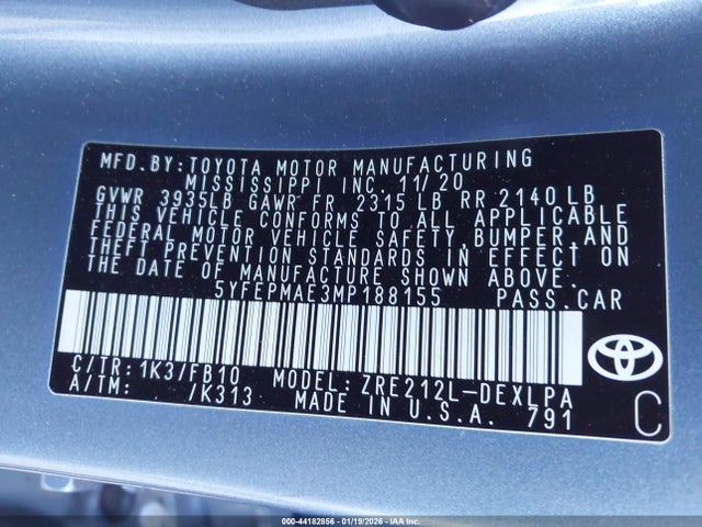 44182856 :رقم المزاد ، 5YFEPMAE3MP188155 vin ، 2021 Toyota Corolla Le مزاد بيع
