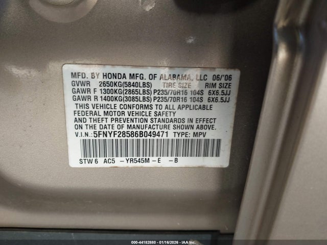 2006 HONDA PILOT 5FNYF28586B049471 Photo 8