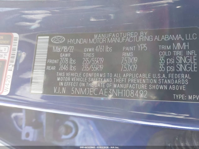5NMJECAE3NH108492 Hyundai Tucson Limited