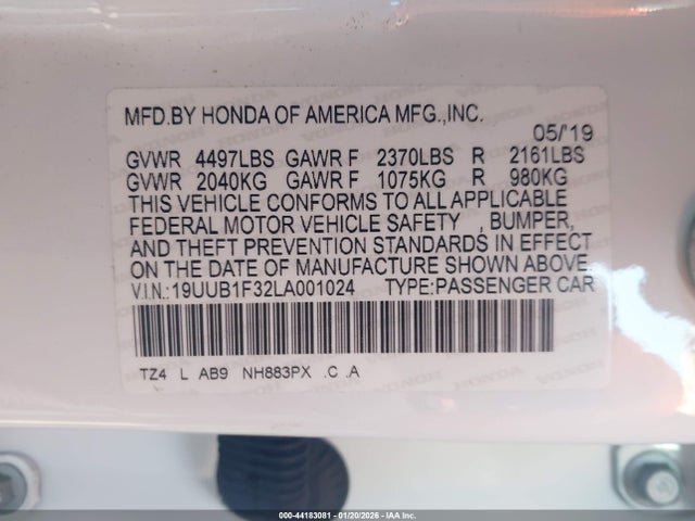 2020 Acura Tlx Standard მანქანა იყიდება აუქციონზე, vin: 19UUB1F32LA001024, აუქციონის ნომერი: 44183081
