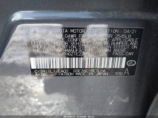 44183111 :رقم المزاد ، JTHGZ1E22M5021072 vin ، 2021 Lexus Is 350 F Sport مزاد بيع
