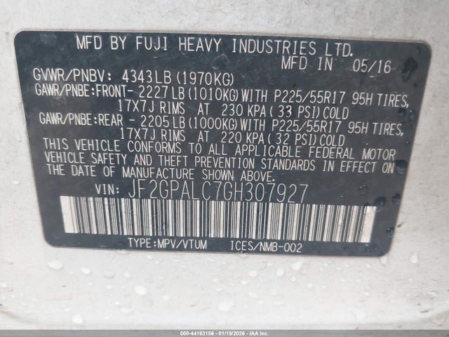 JF2GPALC7GH307927 Subaru Crosstrek 2.0i Limited