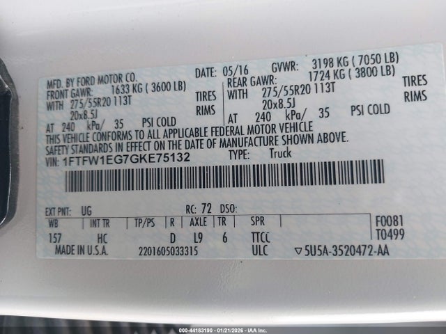 1FTFW1EG7GKE75132 Ford F-150 Lariat