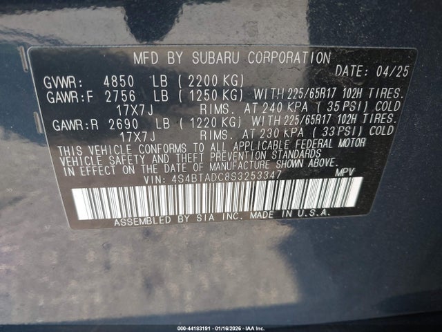 Aukcja sprzedaży 2025 Subaru Outback Premium, vin: 4S4BTADC8S3253347, numer aukcji: 44183191