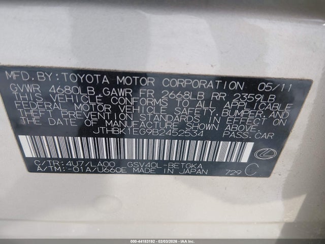 2011 Lexus Es 350 მანქანა იყიდება აუქციონზე, vin: JTHBK1EG9B2452534, აუქციონის ნომერი: 44183192