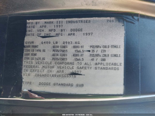 44183194 :رقم المزاد ، 2B6HB21X9VK566916 vin ، 1997 Dodge Ram Van 2500 Commercial مزاد بيع