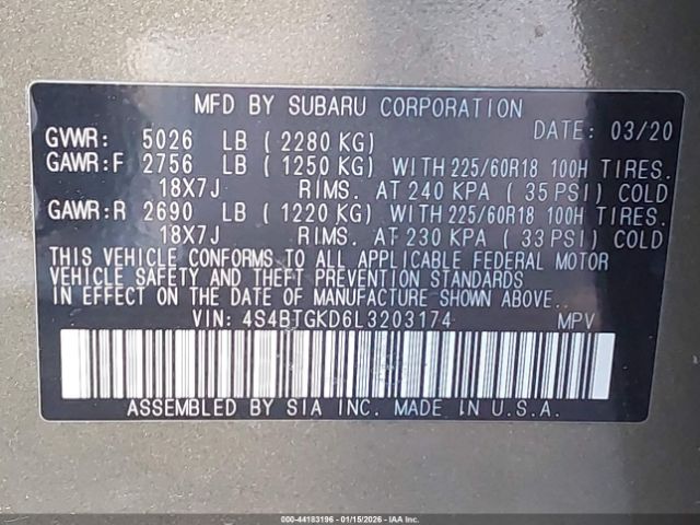 2020 SUBARU OUTBACK 4S4BTGKD6L3203174 Photo 8