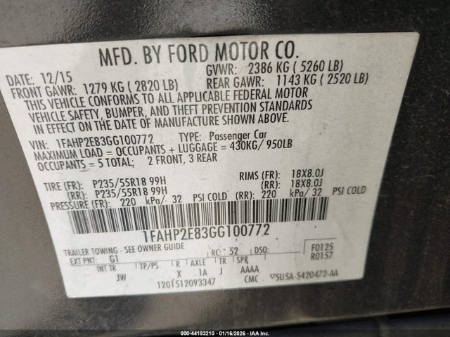 Ford TAURUS SEL 2016 1FAHP2E83GG100772 Image 9
