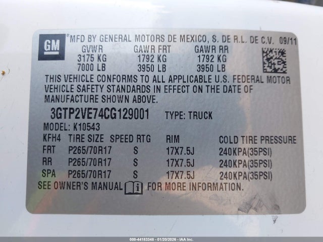 Продажа на аукционе авто 2012 Gmc Sierra 1500 Sle, vin: 3GTP2VE74CG129001, номер лота: 44183348
