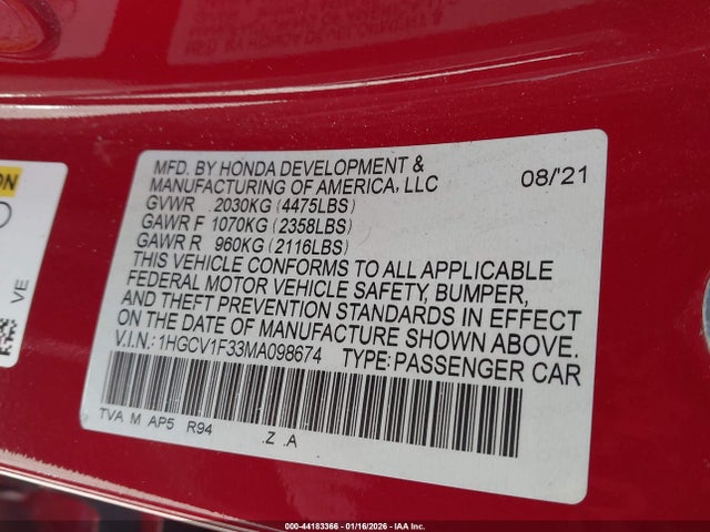 44183366 :رقم المزاد ، 1HGCV1F33MA098674 vin ، 2021 Honda Accord Sport مزاد بيع