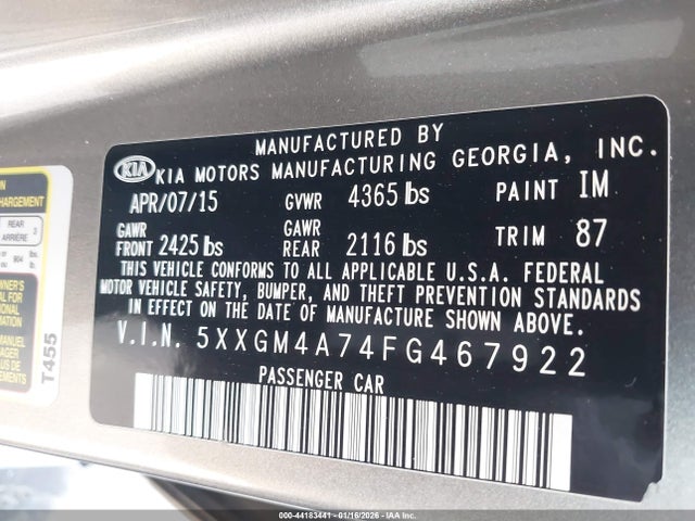 5XXGM4A74FG467922 KIA Optima Lx