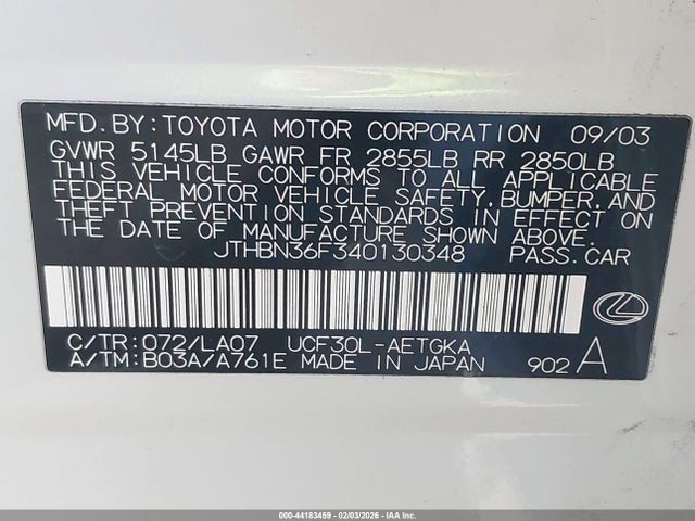 Aukcja sprzedaży 2004 Lexus Ls 430, vin: JTHBN36F340130348, numer aukcji: 44183459