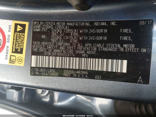 5TDKZRFH0HS524774 Toyota Highlander Xle