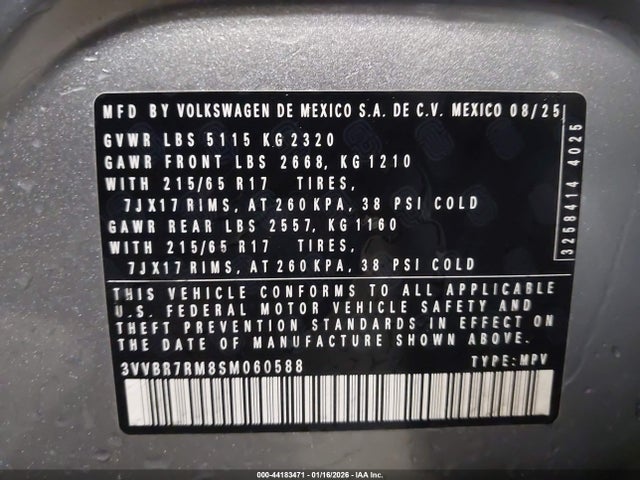 Продаж на аукціоні авто 2025 Volkswagen Tiguan 2.0t S, vin: 3VVBR7RM8SM060588, номер лоту: 44183471