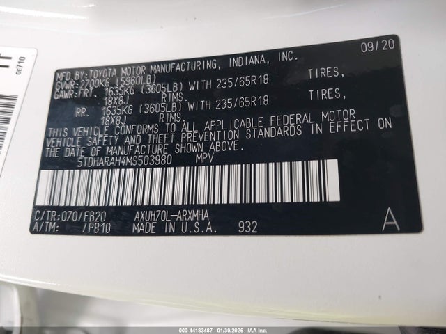 5TDHARAH4MS503980 Toyota Highlander Hybrid Xle