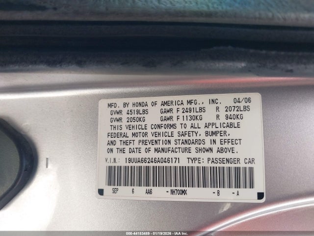 Aukcja sprzedaży 2006 Acura Tl, vin: 19UUA66246A046171, numer aukcji: 44183489
