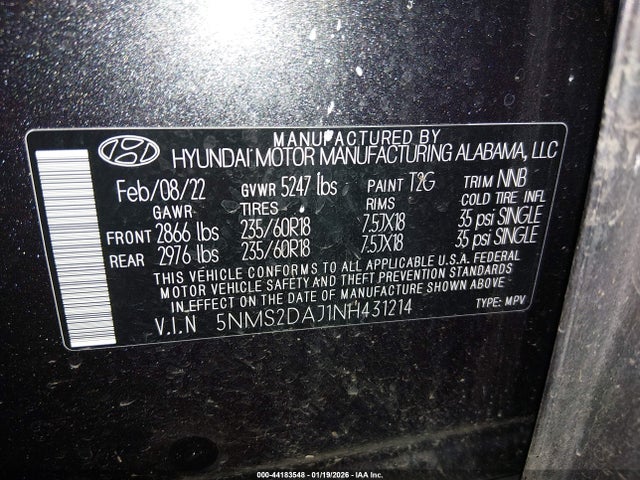 5NMS2DAJ1NH431214 Hyundai Santa Fe Sel