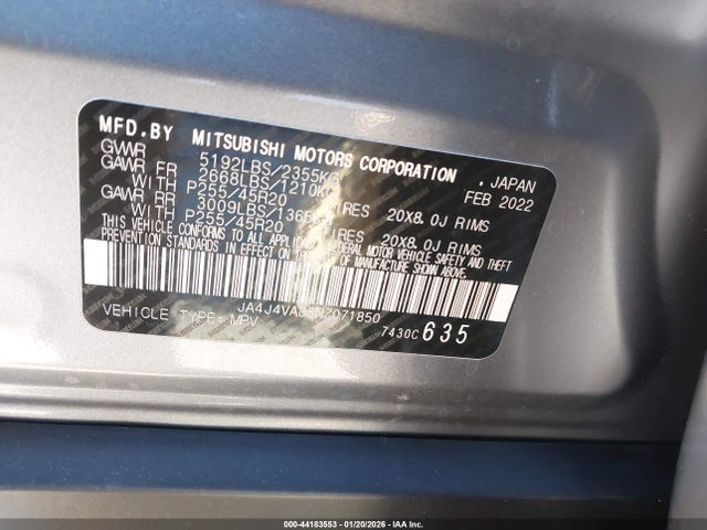 2022 MITSUBISHI OUTLANDER JA4J4VA85NZ071850 Photo 8