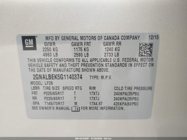 44183597 :رقم المزاد ، 2GNALBEK5G1140374 vin ، 2016 Chevrolet Equinox Ls مزاد بيع