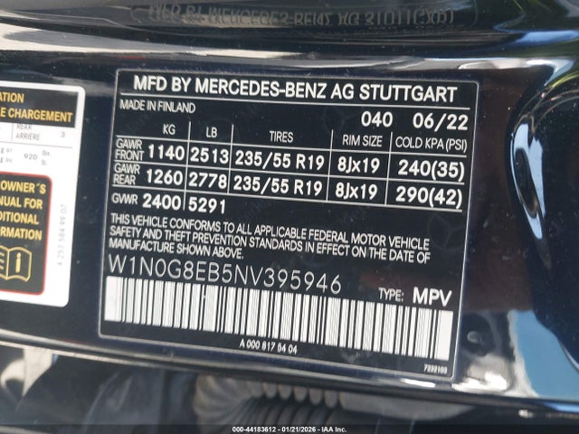 44183612 :رقم المزاد ، W1N0G8EB5NV395946 vin ، 2022 Mercedes-benz Glc 300 4matic Suv مزاد بيع