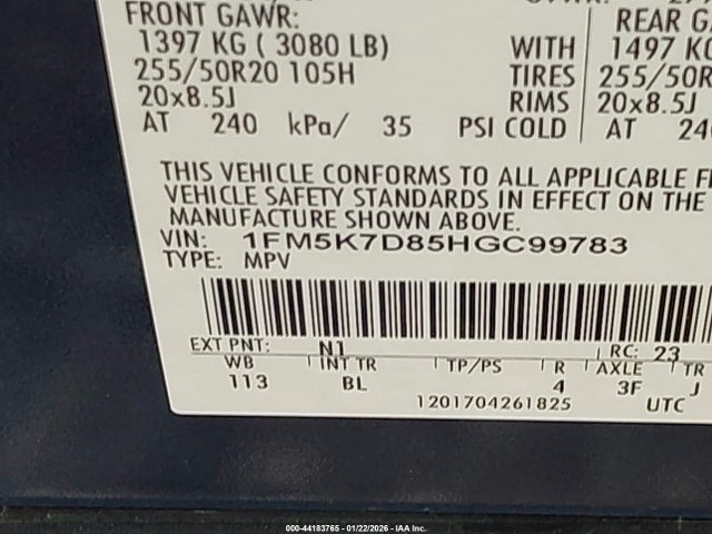 1FM5K7D85HGC99783 Ford EXPLORER XLT